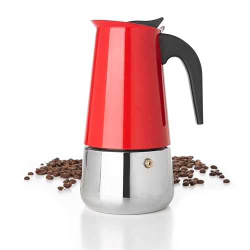 Mixpresso Red 6 Cup Greca Stovetop Espresso Pot 300ml/10oz, Moka Pot with Coffee Percolator Design, Stainless Steel Stove Top Coffee Maker for Camping or Home Use,Italian Stovetop Espresso Maker - color: Red, size: 6 Espresso Cups