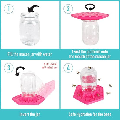 Bee Feeder for Mason Jar Made of Silicone - Bee Watering Station for Garden Compatible with Regular Mouth Mason Jars (Pink) - color: Pink