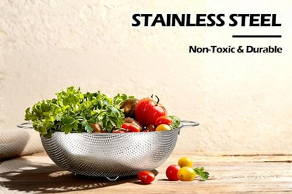 Leonyo Stainless Steel Colander Strainer for Kitchen Set of 3(1-3-5Quart) | Micro-Perforated Metal Strainers and Colanders with Handle for Kitchen Draining Pasta Rinsing,Steaming,Dishwasher Safe