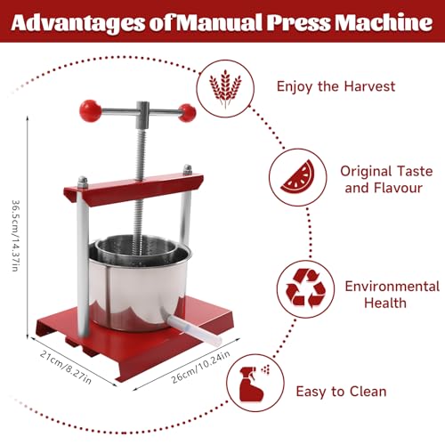 3L/0.8Gal Fruit Wine Press Stainless Steel Barrels Manual Juice Maker Cider Apple Grape Tincture Vegetables Honey Olive Oil Making Press with T-Handle for Herb Vegetables Outdoor & Home Kitchen Use - size: 3L/0.8Gallon with T-shaped