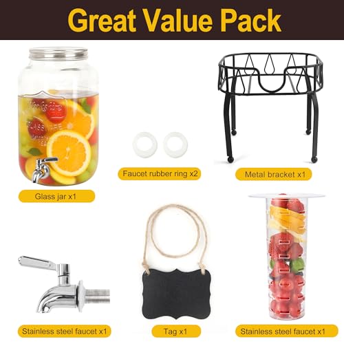 Glass Drink Dispensers for Parties, Beverage Dispenser with Stand, Ice Cylinder and Stainless Steel Spigot 100% Leakproof, Beverage Dispenser for Lemonade Sun Tea (2 Gallon Single with Stand) - size: 2 Gallon Single with Stand
