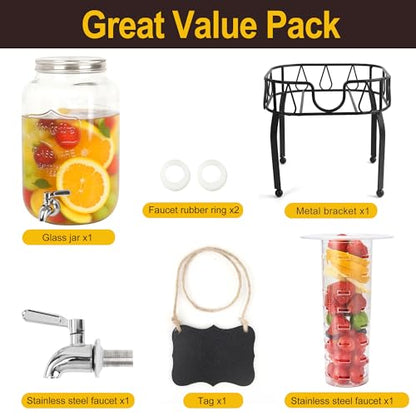 Glass Drink Dispensers for Parties, Beverage Dispenser with Stand, Ice Cylinder and Stainless Steel Spigot 100% Leakproof, Beverage Dispenser for Lemonade Sun Tea (2 Gallon Single with Stand) - size: 2 Gallon Single with Stand