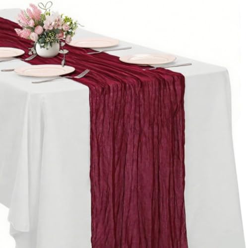 Wine red Cheesecloth Table Runner -21*120Inch Long Boho Wedding Table Decor, Rustic Gauze Fabric Runner for Bridal Showers, Baby Showers & Parties (Sheer, Lightweight, Wrinkled Design) - color: Wine Red, size: 120*21-1pack