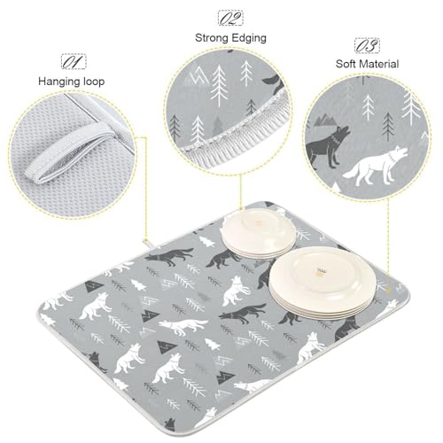 Wolves Tree Gray Dish Drying Mat for Kitchen Counter Super Absorbent Draining Mat with Non-slip Backed Dish Rack Pad for Draining Racks Countertops Sinks Dish Bottles Cups Bowl