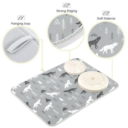 Wolves Tree Gray Dish Drying Mat for Kitchen Counter Super Absorbent Draining Mat with Non-slip Backed Dish Rack Pad for Draining Racks Countertops Sinks Dish Bottles Cups Bowl