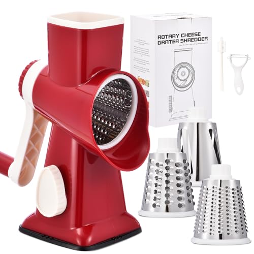 Rotary Cheese Grater with Handle Kitchen Shredder Slicer Grater Slicer Ice Shaver Cheese Vegetable Nuts Potato Zucchini Chocolate 3 Interchangeable Blades (RedWhite) - color: RedWhite