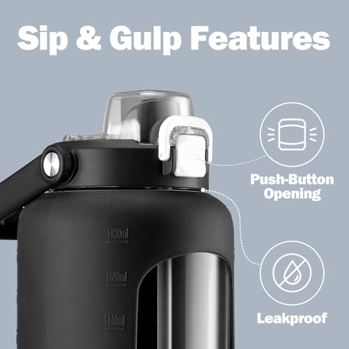 72oz Glass Water Bottle with 2-IN-1 Straw &Chug Lid, Large Motivational Glass Bottle with Capacity Marker and Silicone Sleeve, 2.1Liter Gallon Water Jug for Home, Sports, Gym, BPA Free-Black - color: Black