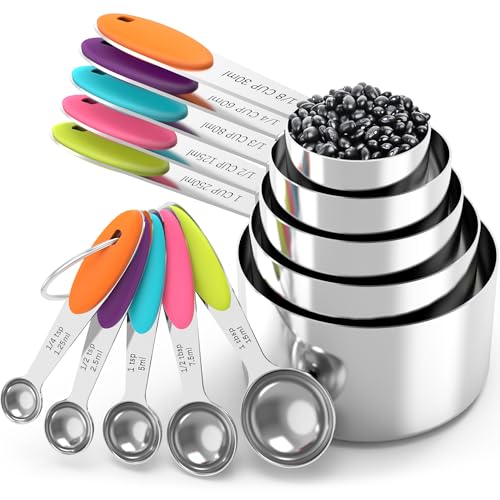 TILUCK Nesting Measuring Cups and Spoons Set, Stainless Steel with Soft Silicone Handle – Heavy Duty & Dishwasher Safe for Measuring Dry/Liquid Ingredients, Ideal for Cooking & Baking (10)