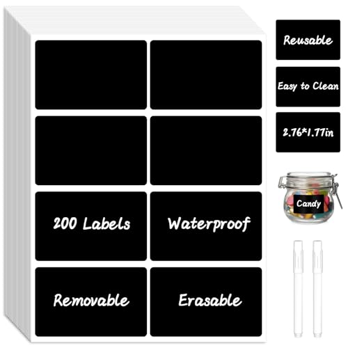 200 Chalkboard Labels, Removable Labels for Storage Bins Food Containers, Waterproof Reusable Blackboard Stickers, Label Stickers with 2 Liquid Chalk Marker for Spice Jars Pantry Mason Bottle