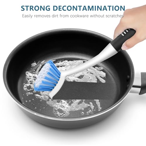 SetSail Dish Brush Set of 3 with Bottle Brush, Dish Scrub Brush with Long Handle Deep Cleaning Handle Brush with Scraper Tip for Kitchen Sink Dishes Bottle Cup Pot and Pans Tile Lines, Black Blue - color: Black Blue