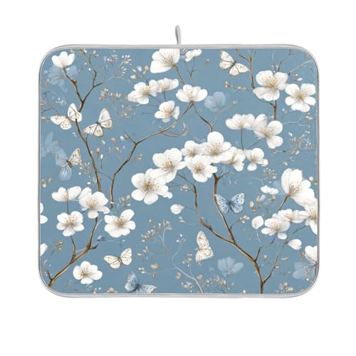 Blue Flowers Butterfly Dish Drying Mat for Kitchen Counter Microfiber Absorbent Drainer Draining Rack Mats Small Cloth Kitchen Drying Pad Heat Resistant for Countertop 16x18 - color: Blue Flowers Butterfly, size: 16x18in