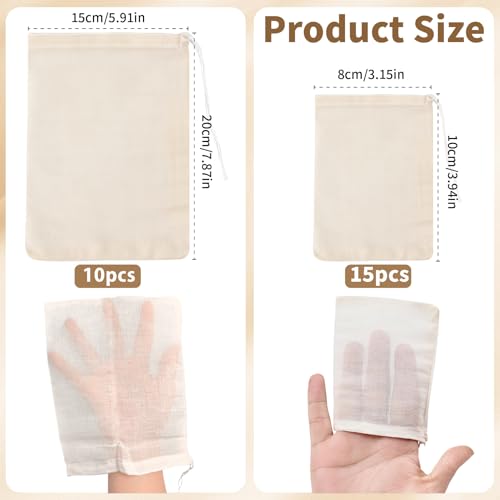 Cooking Spice Bags - 25pcs Reusable Empty Muslin Tea Filter Cheesecloth Strainer Bag For Straining Brewing Soup (8x10cm & 15x20cm)
