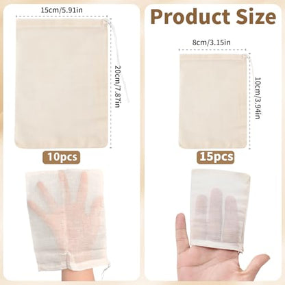 Cooking Spice Bags - 25pcs Reusable Empty Muslin Tea Filter Cheesecloth Strainer Bag For Straining Brewing Soup (8x10cm & 15x20cm)