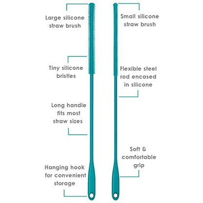 Silicone Straw Brush 4 Pack - (2 Small, 2 Wide) - 10 Inch Reusable Straw Cleaner, Pipe Cleaner, Glass and Detailing Tool (Turquoise) - color: Turquoise
