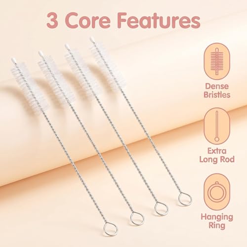 4 Pack Long Handle Pipe Cleaning Brush Set, Soft Bristle Deep Clean Detail Brush for Straws, Narrow Bottles, Small Tubes, Crevices - color: 4 Pcs Clear