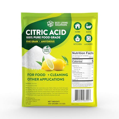 Eco Living Solutions 100% Citric Acid Powder - Food Grade | Citric Acid For Cleaning & Bath Bombs | Great For Cooking & Canning | Fragrance Free | Dishwasher Safe (12 oz)