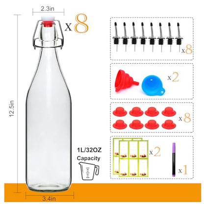 8 Pack 32oz Swing Top Glass Bottles,Flip Top Brewing Bottle with Airtight Stopper Lids, for Juice, Water, Kombucha, Wine, Beer Brewing, Kefir Milk or Eggnog(Bonus Gaskets and Funnel)