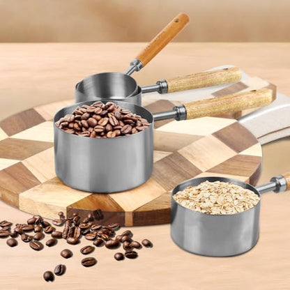 Measuring Cups and Spoons Set，Measuring Cup Set with Wooden Handle and Metric and US Measurements，Silver Polished Finish，for Cooking and Baking in The Kitchen (8 Piece) - color: Silver
