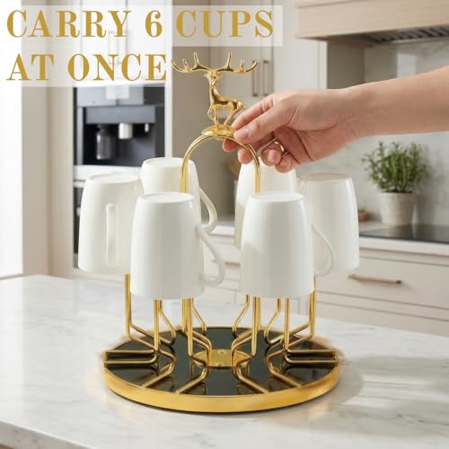 Pumtus Metal Glass Drying Rack, Rotating 6 Bottles Dryer Stand, Drinking Mug Holder with Soft Rubber Hook, Non-Slip Water Tumbler Draining Tree, Reusable Mason Jar Organizer for Kitchen, Countertop
