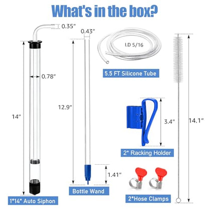 14” Auto Siphon with 12.9” Bottle Wand & 5.5FT Food-Grade Silicone, Beer Wine Siphon Racking Cane fit Liquid Transfer, Effortless Bottling Fermentation Mead HomeBrew Making(Blue Tubing Clamp)