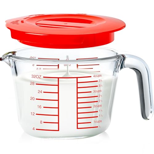 4-Cup High Borosilicate Glass Measuring Cup with Lid for Kitchen | Glass Measuring Beaker with Handle, Measuring Cups with Lid for Liquids, Ideal for Baking, Cooking, Mixing, and Heating - size: 4-Cup
