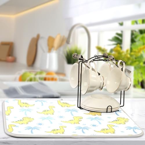 Dinosaur Palms Tree Dish Drying Mat for Kitchen Counter Super Absorbent Draining Mat with Non-slip Backed Dishwashing Mat for Dish Bottles Cups Bowl Sinks Countertops Draining Racks