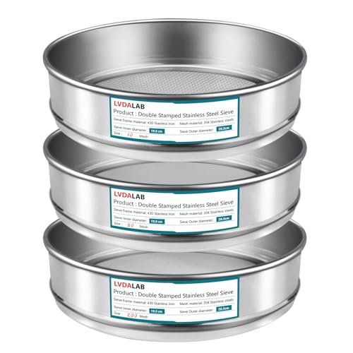 3 Pack 304 Stainless Steel Mesh Lab Sieves, 200mesh 0.075mm, 80 Mesh 0.2mm, 10 Mesh 2mm Aperture Test Sieve,7.9in/20cm Dia Economy Test Sieve for Industrial Laboratory Homes - style: 200+80+10