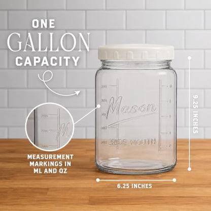 kitchentoolz Extra Large Mason Jar - 1 Gallon Glass Wide Mouth Jar with Airtight Plastic Screw on Lid, Food Storage Container with Measurement Marks Pack of 1