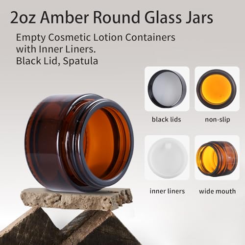 OverNews 2oz Amber Glass Jar Travel Size, 45PCS Empty Cosmetic Lotion Container with Black Lid & Spatula, Small Mini Jar for Beauty (Amber) - color: HAmber, size: 45
