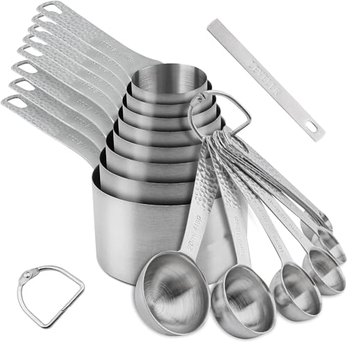 Measuring Cups and Spoons Set, 18 Piece 18/8 Stainless Steel Measuring Cups and Spoons Set for Dry & Liquid, Metric & US Metal 8Measure Cup and 9 Spoon & Leveler for Baking & Kitchen