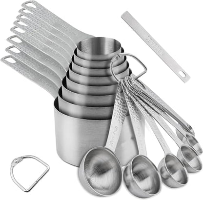 Measuring Cups and Spoons Set, 18 Piece 18/8 Stainless Steel Measuring Cups and Spoons Set for Dry & Liquid, Metric & US Metal 8Measure Cup and 9 Spoon & Leveler for Baking & Kitchen