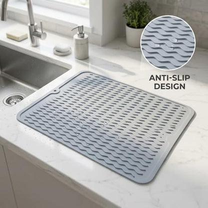 Silicone Dish Drying Mat for Kitchen Counter, Heat Resistant Dish Drainer, Easy to Clean Eco-Friendly Sink Liner, Non-Slip Drawer & Countertop Liner (16 x 12, Gray)