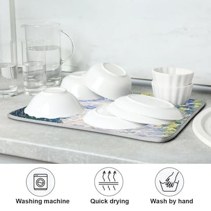Watercolor River Trees Dish Drying Mat for Kitchen Counter Super Absorbent Draining Mat with Non-slip Backed Dishwashing Mat for Dish Bottles Cups Bowl Countertops Sinks Draining Racks