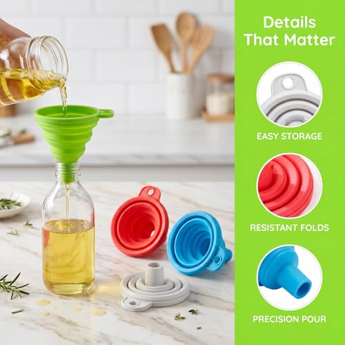 Foldable Silicone Funnel Set (4 Colors) – Collapsible Small & Large Funnels for Kitchen, Water Bottles & Liquid Transfer – Food Grade (1.5cm Caliber) - color: 4PCS-Mixed colors