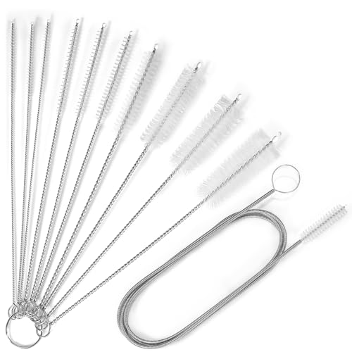 Ixiaoyoo 11 Pcs Cleaning Brushes Set, 8 Inch + 60 Inch Cleaner Brushes | White Nylon Brushes Kit for Bottles, Tumbler, Sippy Cups, Pet Waterers, Drinking Straws, Pipes, Sink Drain, Fish Tank, Hose - color: White Cleaning Brush Set