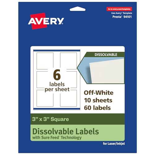 Avery Dissolvable Square Labels, Sure Feed Technology, 3" x 3", Matte White, Print-to-The-Edge, Laser/Inkjet Printable, 60 Labels Total - style: 60 labels