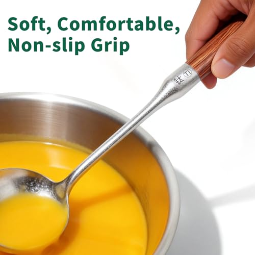 Newness Soup Ladle and Solid Turner, Pure Titanium Soup Spoon and Turner | [Rustproof, Heat Resistance] Resilient, with Long Ergonomic Natural Wooden Round Handle, Non-Toxic Cooking Spoon for Kitchen - size: Soup Ladle and Solid Turner