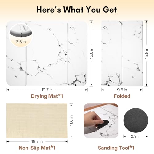 Stone Drying Mat for Kitchen Counter, Foldable Quick-Dry Dish Drying Mat, Water-Absorbent Marble Diatomaceous Earth Mats for Dishes, Cups & Bottles on Any Countertop(20"x16")