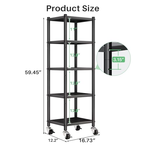 PXRACK 5-Tier Kitchen Storage Shelves, Adjustable Metal Shelves for Storage Pantry Shelves with Rolling Wheels, Storage Rack Shelving Unit Organizer for Bedroom Laundry Closet - size: 17"L x 12.4"W x 59"H
