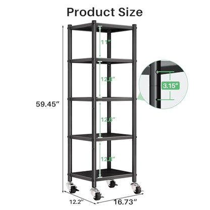 PXRACK 5-Tier Kitchen Storage Shelves, Adjustable Metal Shelves for Storage Pantry Shelves with Rolling Wheels, Storage Rack Shelving Unit Organizer for Bedroom Laundry Closet - size: 17"L x 12.4"W x 59"H