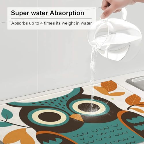 Cute Cartoon Owl and Leaf Dish Drying Mat for Kitchen Counter Microfiber Absorbent Reusable Washable 18x24in - color: Cute Cartoon Owl And Leaf