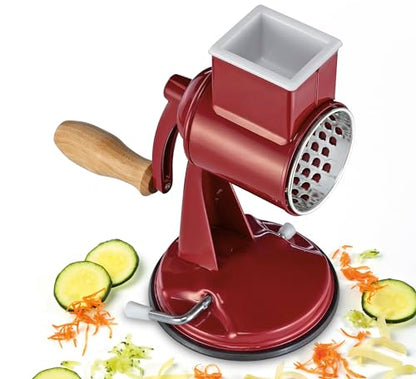 Zassenhaus Classic Drum Grater, Manual Kitchen Grater, Painted Metal, Beech Wood, Stainless Steel, Suction Base, 2 Grating Drums and Pestle, Can be Used as Vegetable Cutter, Cheese Grater and Slicer - color: Red