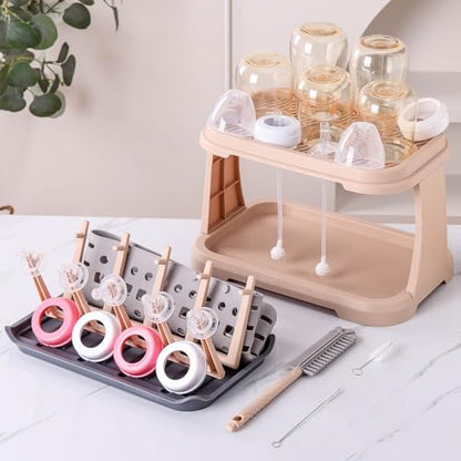 Baby Bottle Drying Rack with Brush & Dishwasher Basket - Space Saving Standing Drying Rack for Baby Bottles, Pump Parts & Accessories, Compact Organizer Holds Up to 8 Bottles (Pink Lotus Root) - color: （pink Lotus Root）