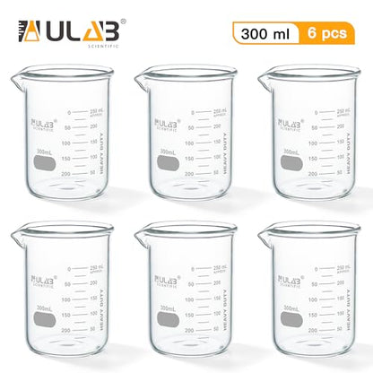 ULAB Scientific Glass Beaker Set, Vol. 300ml, 3.3 Borosilicate Griffin Low Form with Printed Graduation, Pack of 6, UBG1023 - style: 6pcs of Vol.300ml, Low form