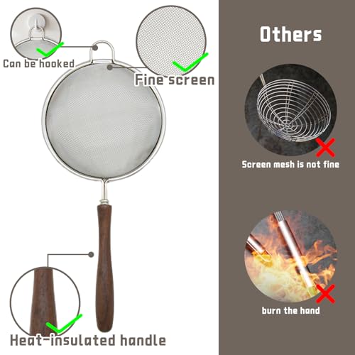 3 Set Mesh Strainer for Kitchen, Colander Skimmer 304 Stainless Steel with Wooden Handle, Sieve Sifters for Food, Tea, Rice, Oil, Noodles, Fruits, Vegetable