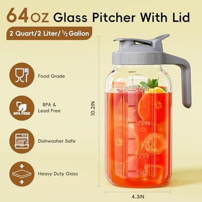 Glass Mason Jar Pitcher, 64 oz Wide Mouth Jug with Pour Spout Handle Lid for Cold Brew Coffee, Ice Beverage, Iced Juice, Lemonade, Sun Tea, Fruit Drinks Container(Gray) - color: Gray, size: 64 Ounces