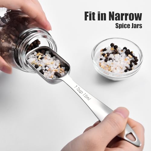 18/8 Stainless Steel Measuring Spoons: Doosu Heavy Duty Rectangular Spoon Square Teaspoon Tablespoon Scoop with Slim Long Handle in Narrow Spice Jar for Kitchen Baking Cooking (Set of 8 with Leveler) - size: Set of 8 with Leveler