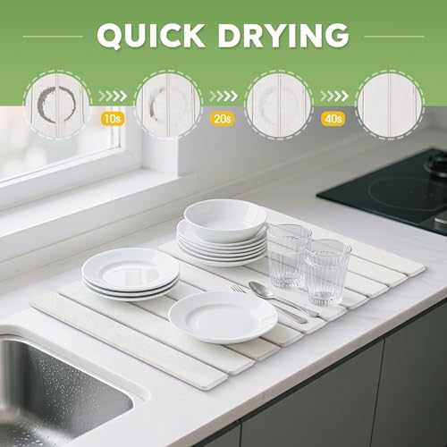 HABUTWAY Large Stone Dish Drying Mat for Kitchen Counter – 24"×16" Collapsible Diatomaceous Earth Mat, Ultra Absorbent & Quick Dry, Foldable Drying Pad for Dishes, Bottles, Cups (White) - color: White