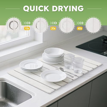 HABUTWAY Large Stone Dish Drying Mat for Kitchen Counter – 24"×16" Collapsible Diatomaceous Earth Mat, Ultra Absorbent & Quick Dry, Foldable Drying Pad for Dishes, Bottles, Cups (White) - color: White