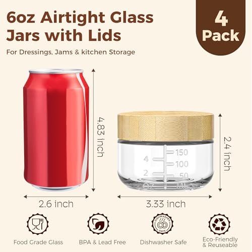 6oz Glass Jars with Airtight Lids - 4 Pack Overnight Oats Containers with Bamboo Lids, Small Food Containers with Measurement for Yogurt, Salad, Chia, Wide Mouth Mason Jar with Lid for Food Storage - color: 6oz - 4 Pack